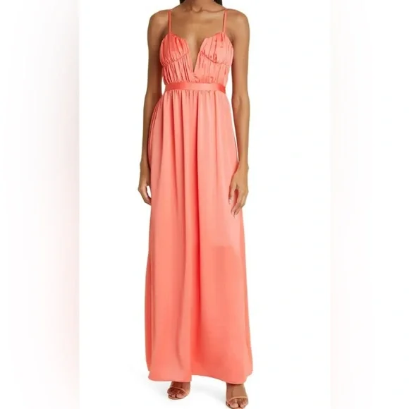 Ramy Brook Plunge Neck Satin Maxi Gown Ruched Sleeveless Coral Red Size 2 NWT - Picture 9 of 10
